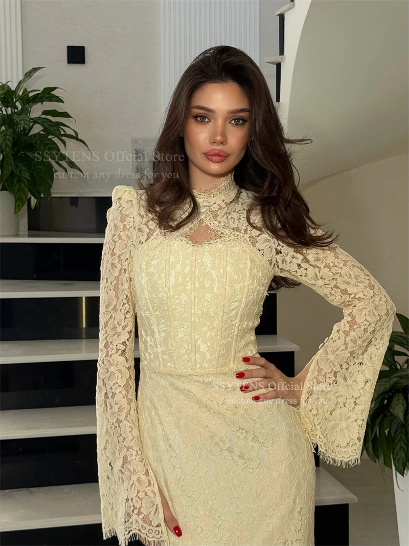 Elegant Yellow Mermaid Lace Evening Dress for Women