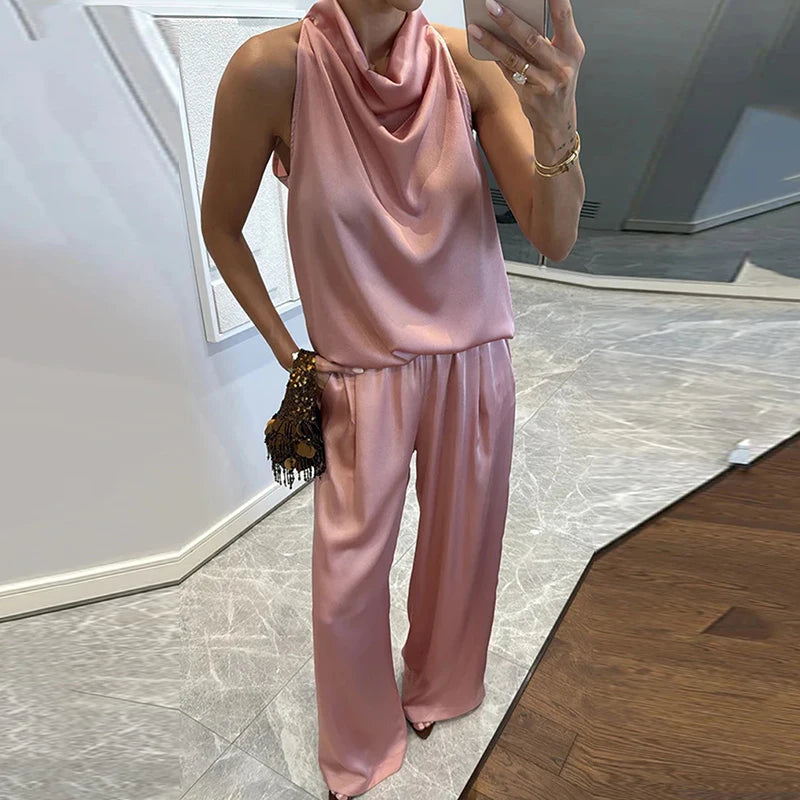 Pile Collar Sleeveless Top Wide Leg Pants 2CPS Sets, Women Summer Loose Elastic Waist Chic Outfit, Solid Patchwork Ladies Suits