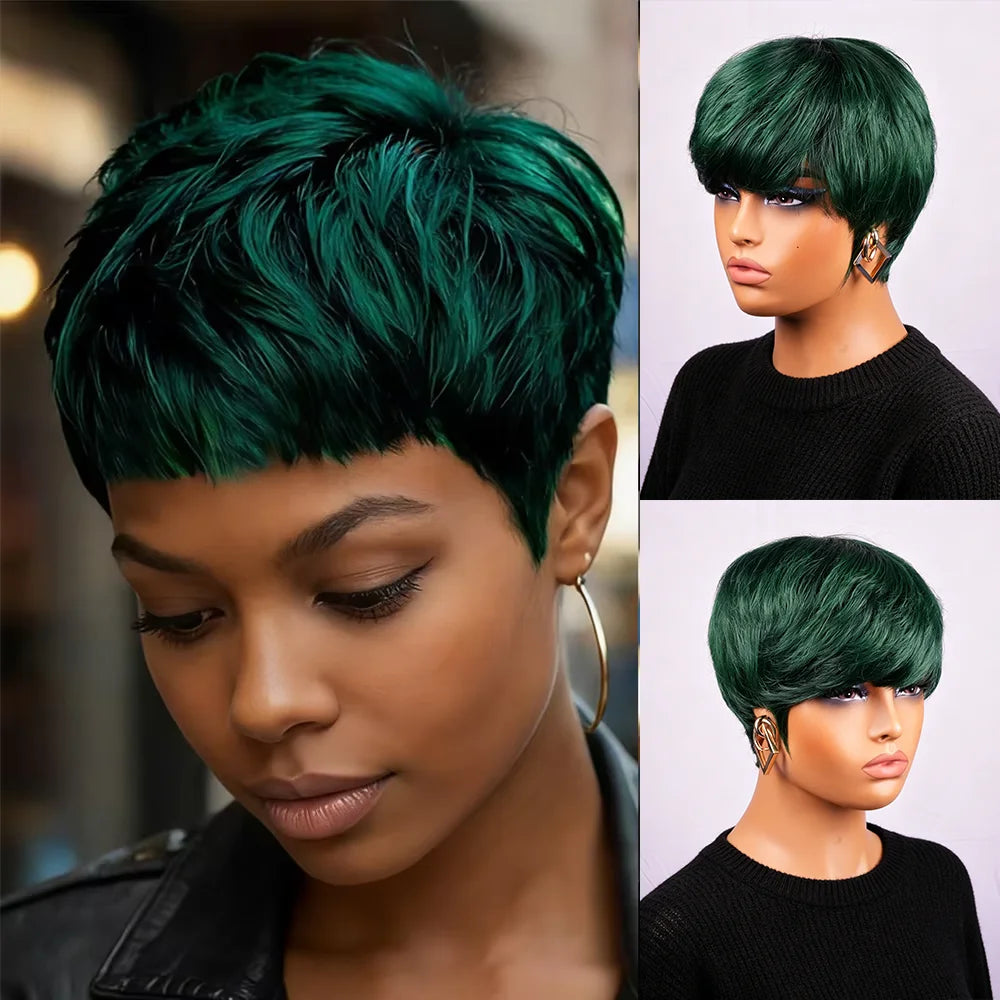 Green Straight Layered High Density Pixie Wig For Women