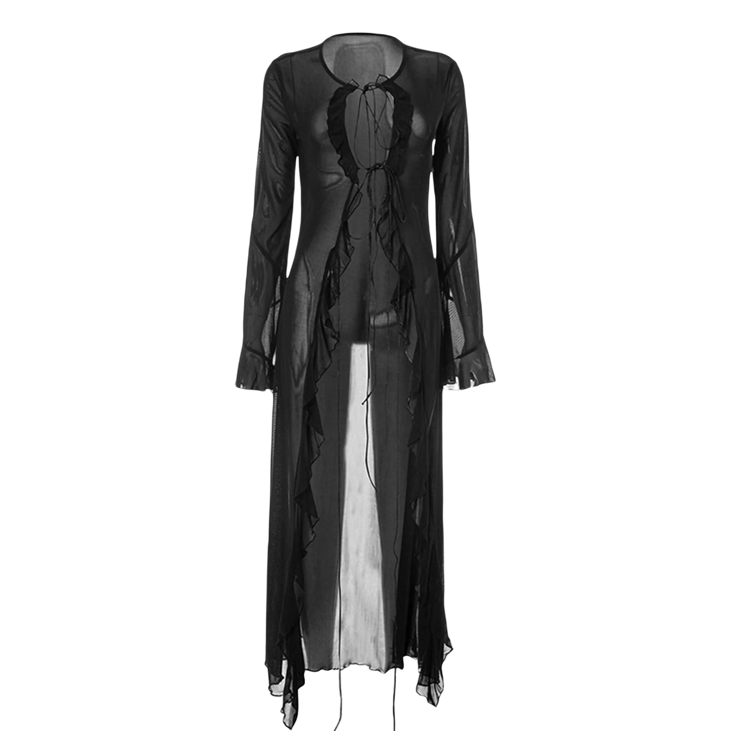 Women Summer Lace Up Long Lightweight Cardigan Black Long Sleeve Flared Cardigan Lace Up Design Cardigan Streetwear