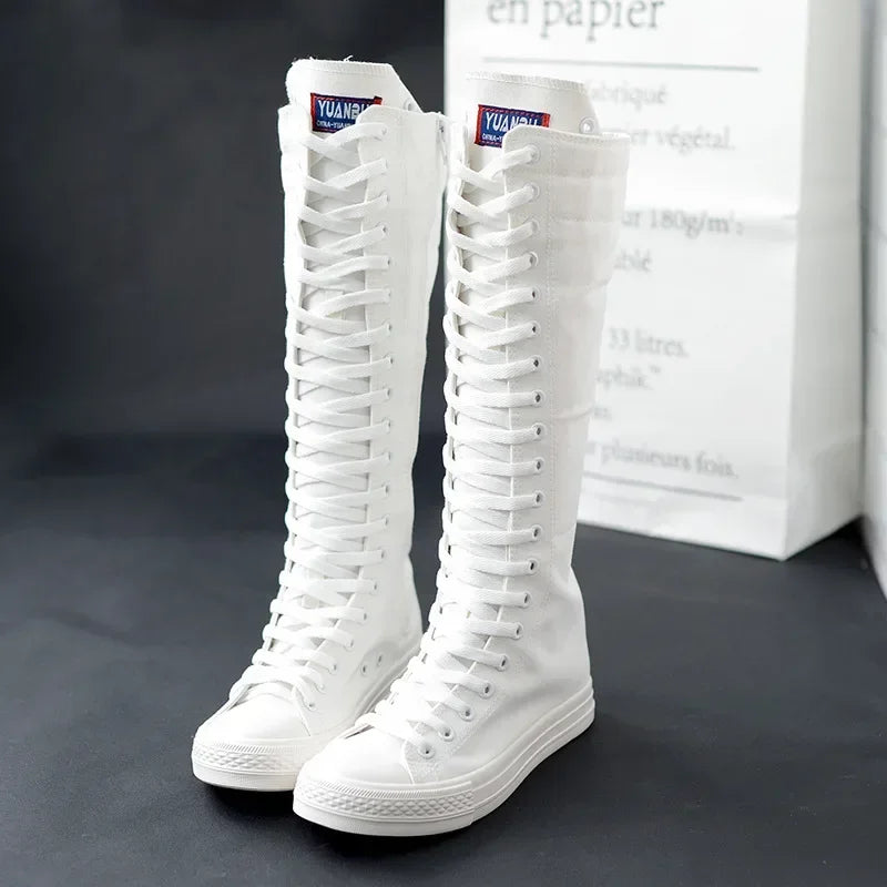Casual Lace-Up Canvas Mid-Calf Flat Boots for Women