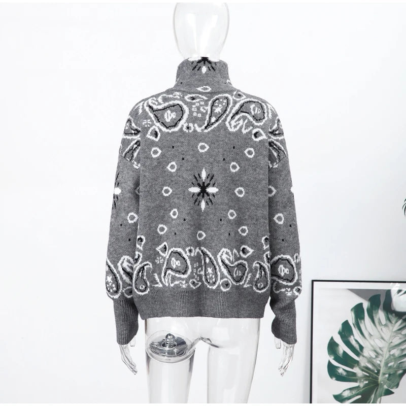 Gray Jacquard Knit Loose Cardigan Long Sleeve Casual for Women
