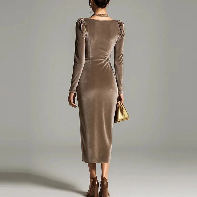 Elegant Velvet Draped Square Neck Long Sleeve A-Line Dress for Women