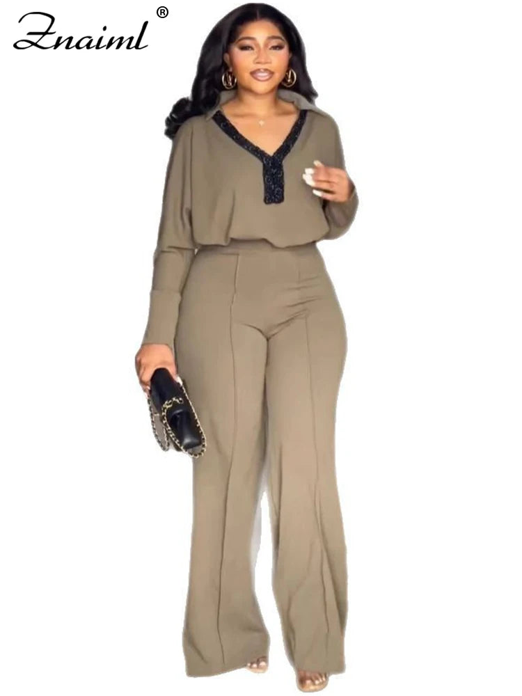 Znaiml Casual Office Lady 2 Piece Sets Women Summer Long Sleeve V Neck Polo Shirt Tops and Wide Leg Pants Streetwear Outfit 2025