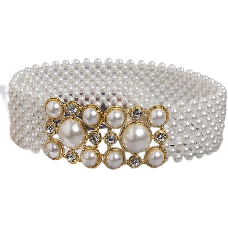 Pearl Embellished Elastic Waist Chain Belt for Women