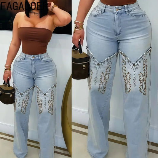 FAGADOER Y2k Fashion Embroidery Denim Straight Leg Pants Women 2025 Summer New Retro Washed Jeans Straight Trousers Streetwear