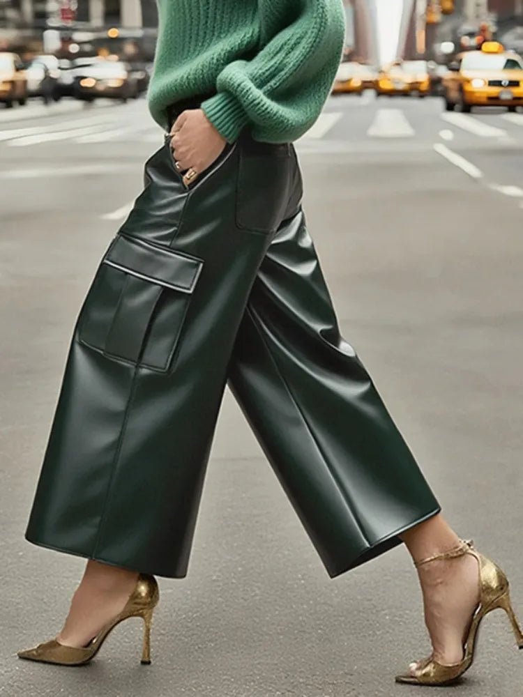 UOOZEE Women's PU Leather Pockets High Waisted Straight Leg Pants Fashion High Street Solid Color Casual Trendy Trousers Bottoms