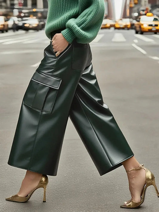 UOOZEE Women's PU Leather Pockets High Waisted Straight Leg Pants Fashion High Street Solid Color Casual Trendy Trousers Bottoms