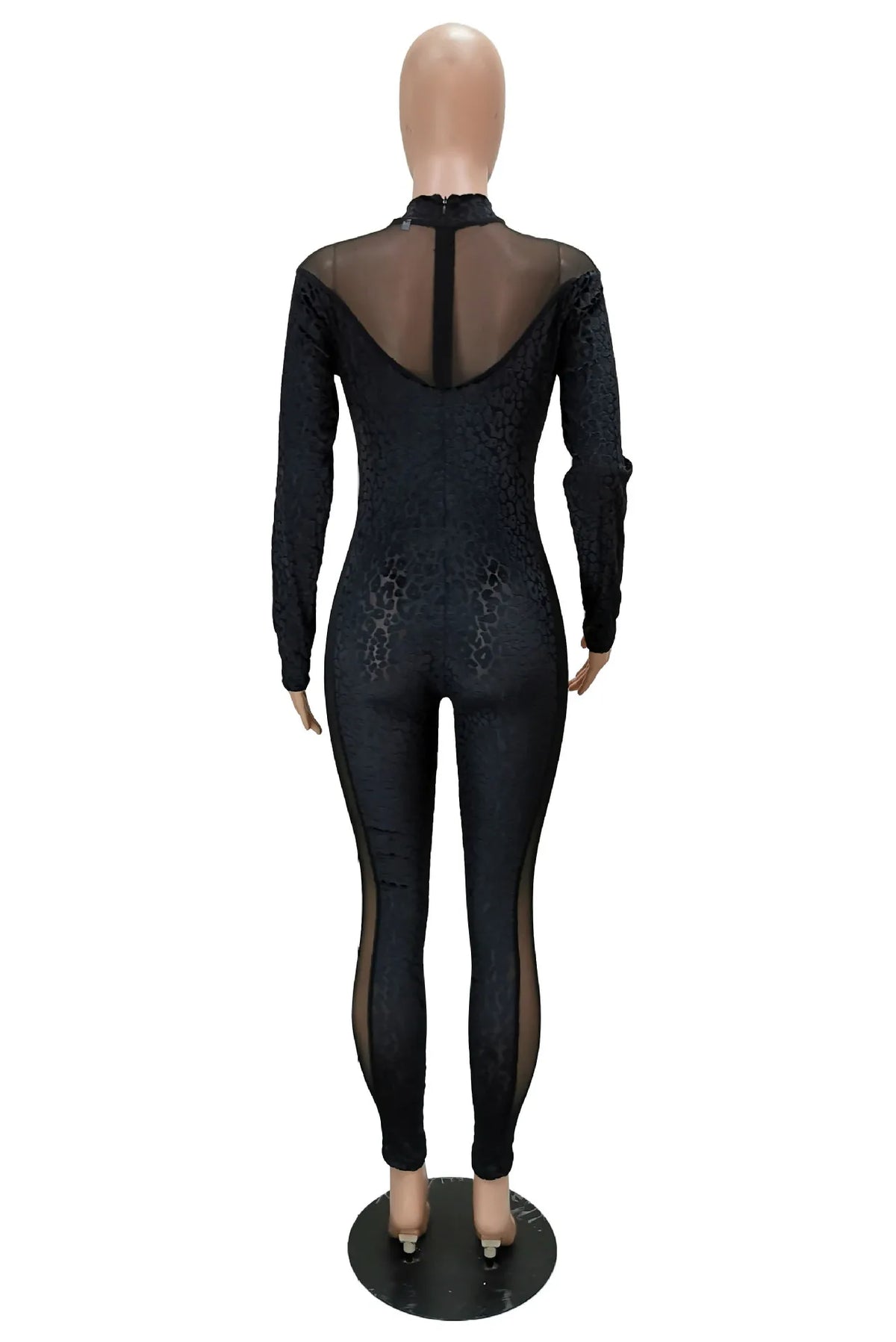 Sheer Leopard Mesh Jumpsuit With Long Sleeves for Women