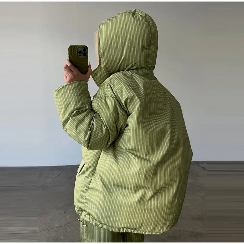 Striped Hooded Puffer Jacket and Wide Leg Pants Set for Women