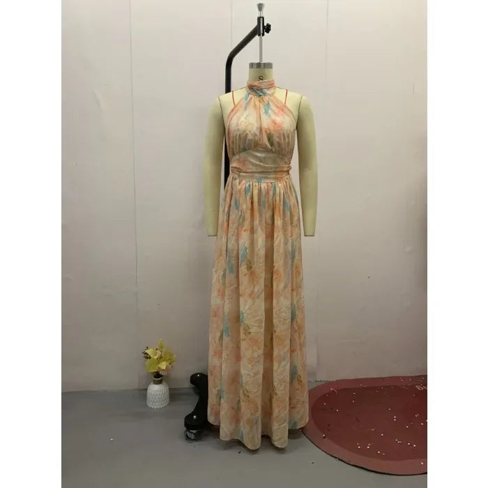 Flower Dress for Women Print Hollow Backless Holiday Fashion Lace Up Sleeveless Pleated Party Dresses New 2025 Summer Long Skirt