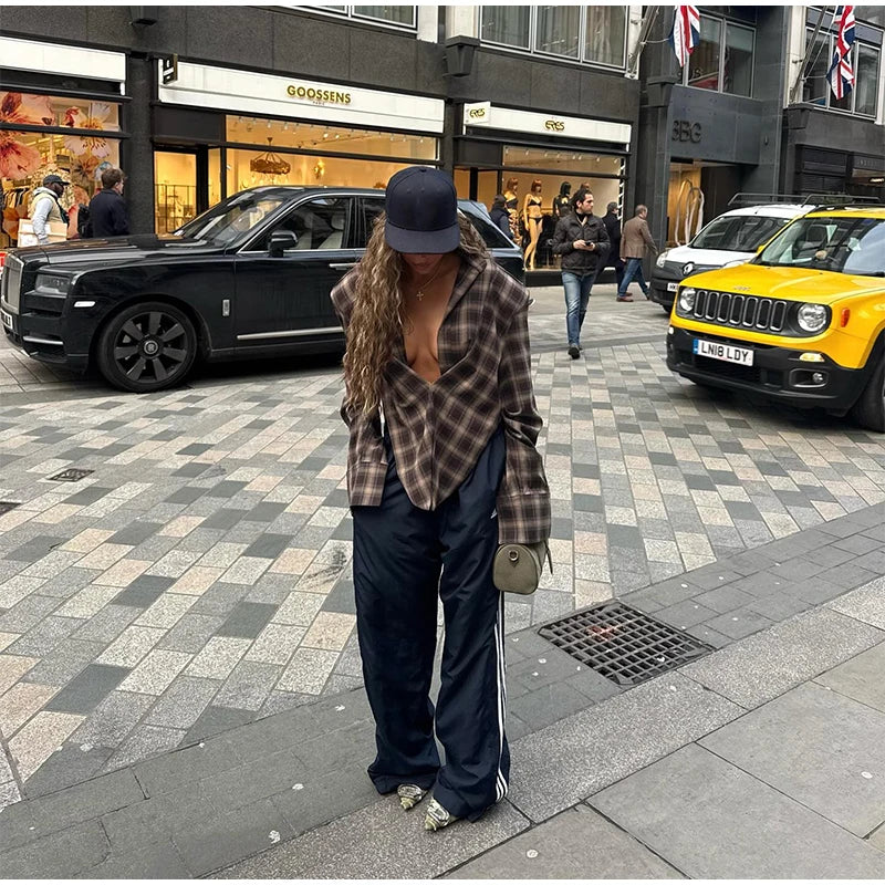 Chic Tailored Plaid Women's Shirts Unique Laple Contrast Full Sleeve Oversize Female Blouse 2025 Autumn Fashion Lady Streetwears