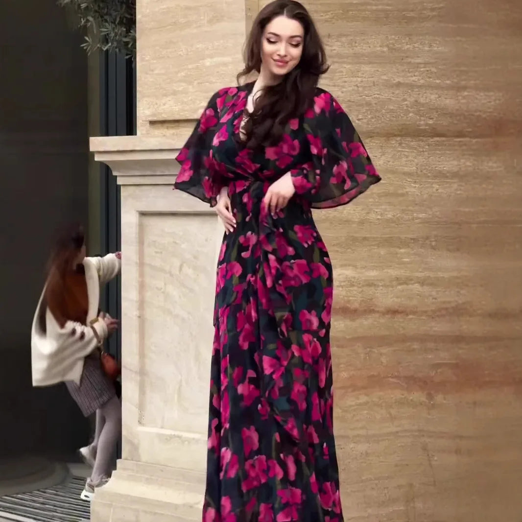 V Neck Floral Print Short Sleeve Ankle Length Dress for Women