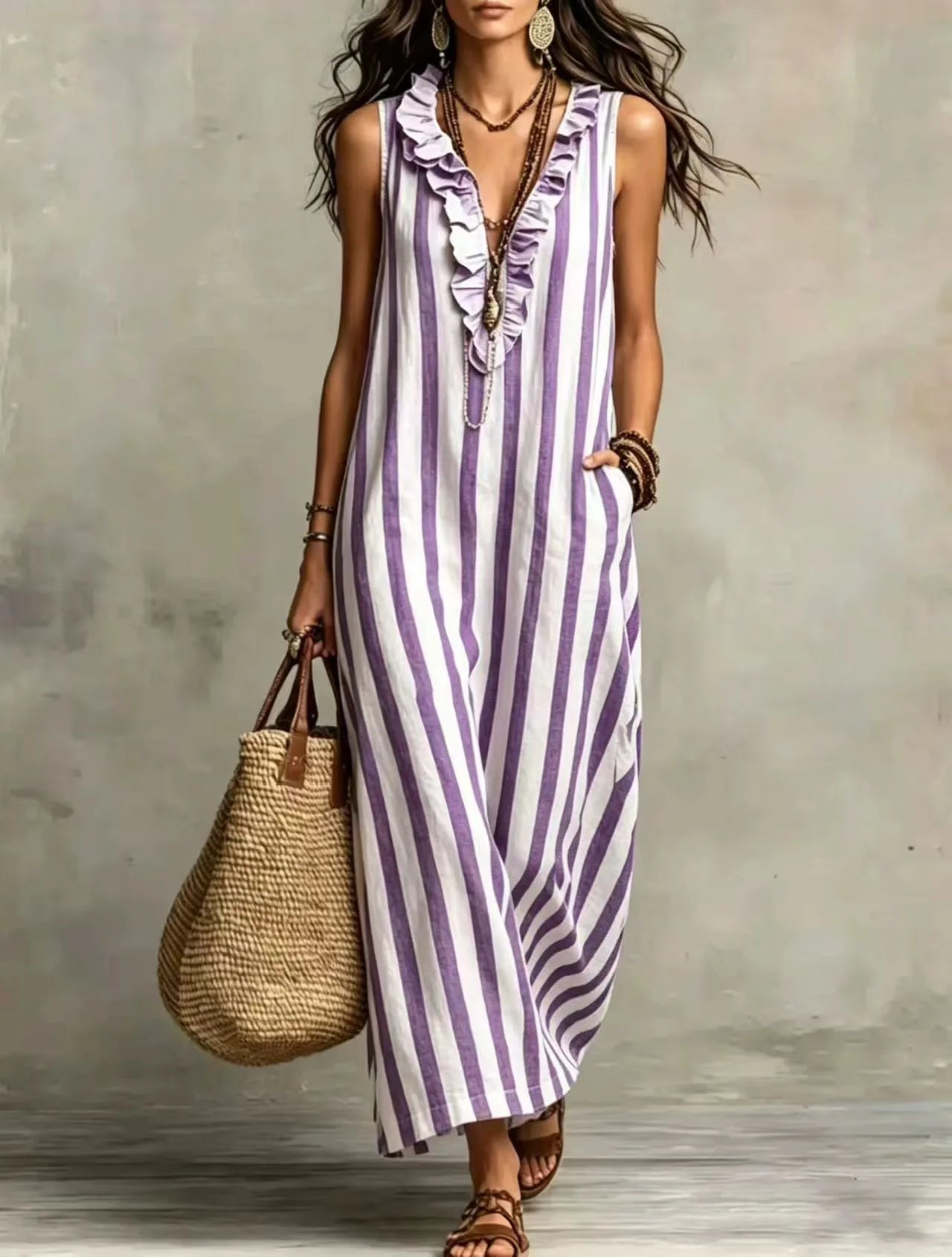 Striped V-Neck Ruffle Sleeveless Pocket Maxi Dress for Women
