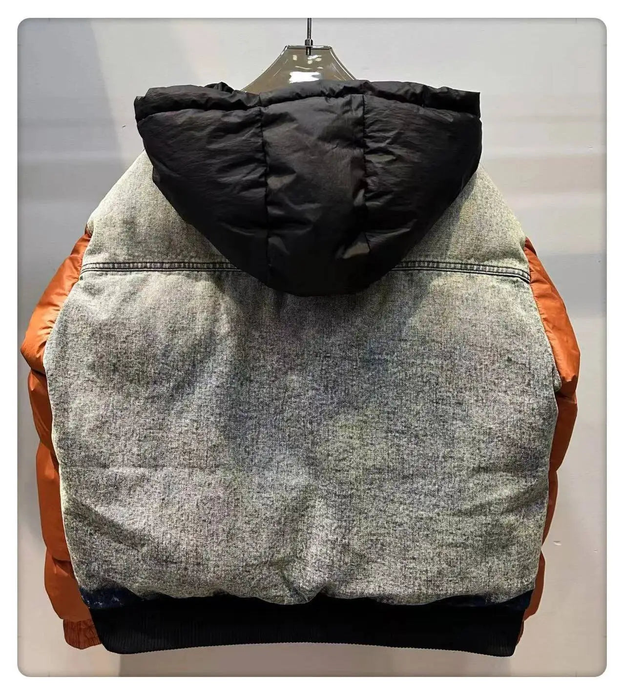 ANJY Autumn Winter New Women European Trendy Padded Coat Heavy-Duty Denim Patchwork Pocket Color-Block Hooded Down Jacket A12508