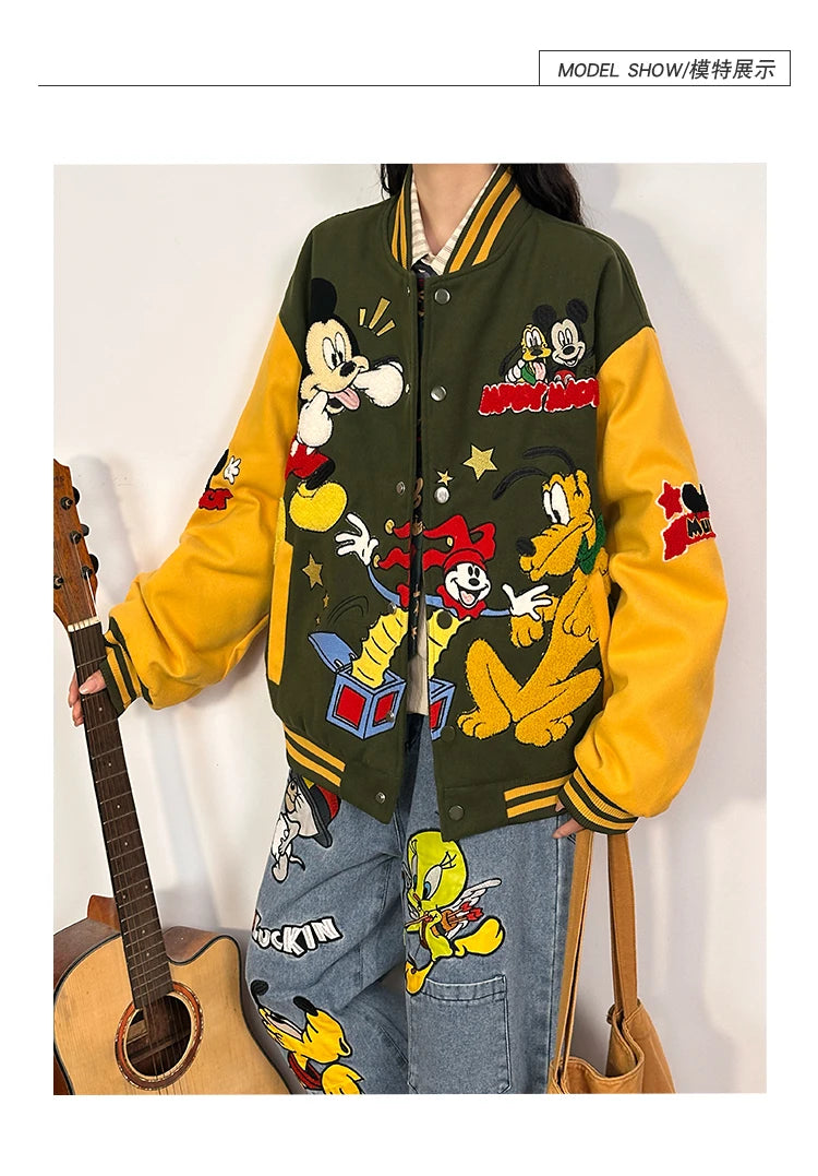 American Retro Cartoon Embroidery Thickened Cotton Baseball Jacket for Women Loose Cotton Coat for Autumn and Winter 2025 New
