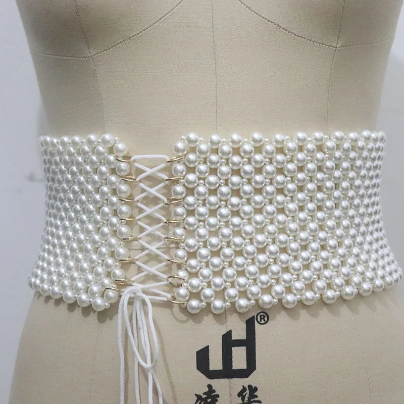 Pearl Rhinestone Elastic Waist Chain Belt for Women