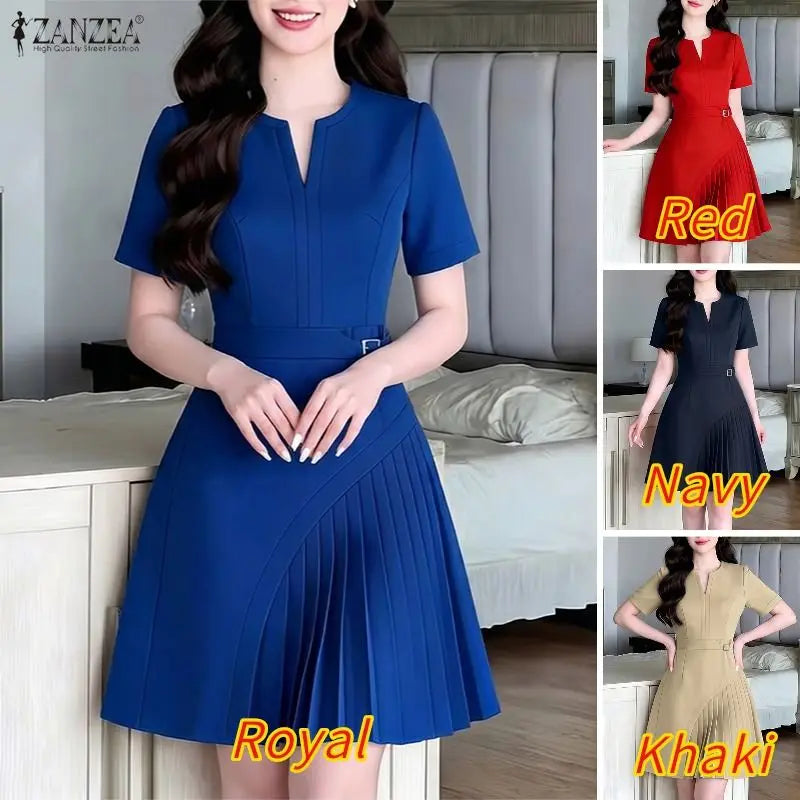 Pleated V Neck Knee Length Dress