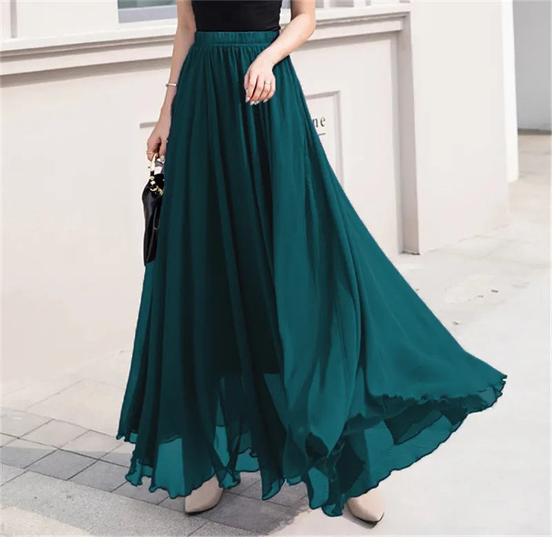 Elegant Solid Color Chiffon A-Line Skirt with High Waist for Women