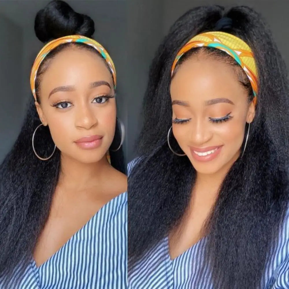 Kinky Straight Headband Wig Human Hair Yaki Headband Wig Full Machine Made Wigs  Yaki Natural Color Brazilian Remy Hair Wig 180%