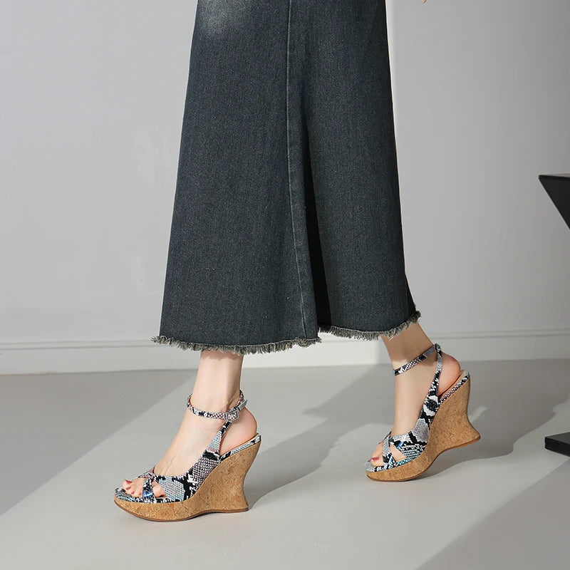 Snakegrain Textured Buckle Platform Wedge Sandals for Women