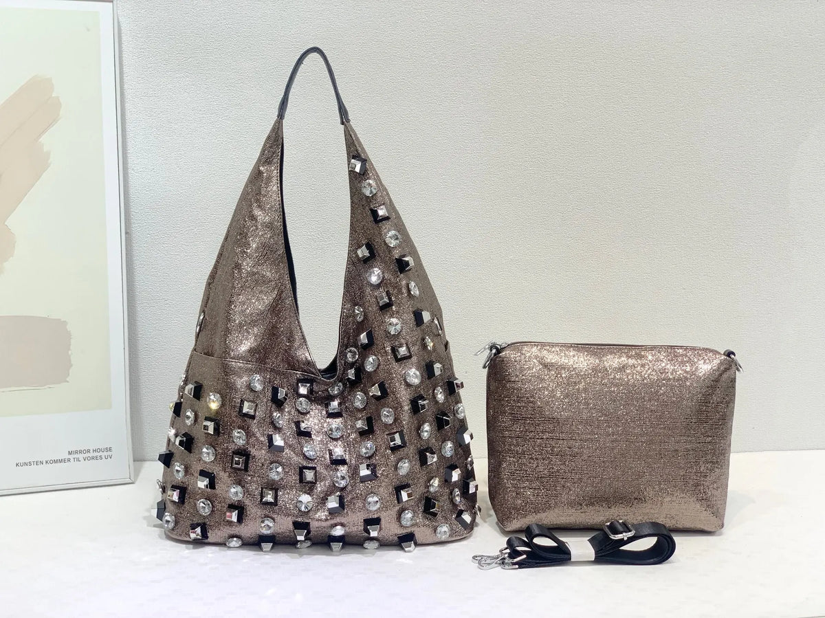 New Women's Diamond Handbag Luxury Brand Fashion Diamond Women's Shoulder Bag Large Capacity Shiny 2-piece Set Women's Bag