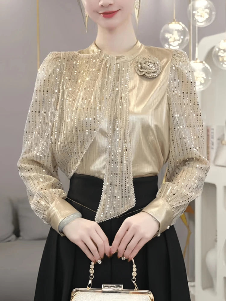 Long Sleeve Blouse 2025 New Summer Woman Clothing Sequins Blusas Para Mujer Top Casual Slim Blouses For Women
