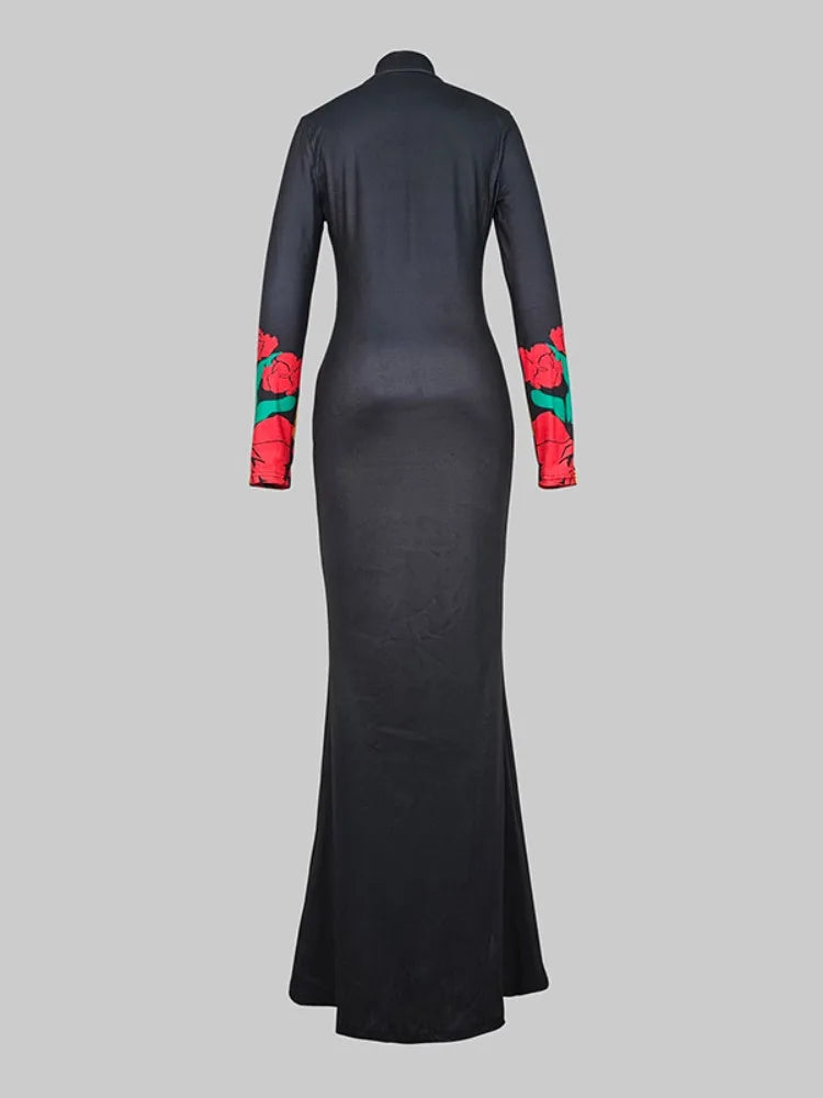 UOOZEE Women's Elegant Black High-Neck Floral Printed Bodycon Fishtail Dress 2025 New Spring Long-Sleeves Party Evening Dress