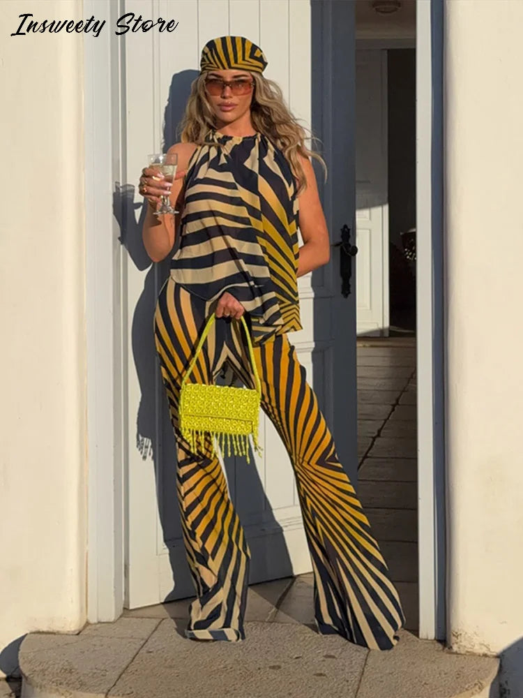 Retro Geometric Stripe Two Piece Set With Halter Top And Flare Pants for Women