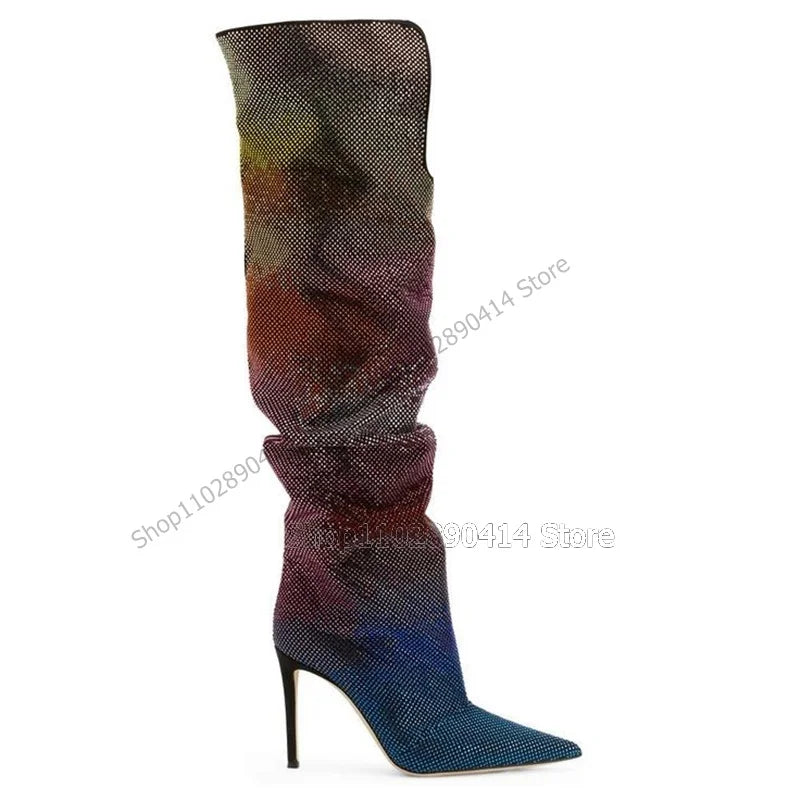 Colorful Crystal Pointed Toe Knee High Stiletto Boots for Women