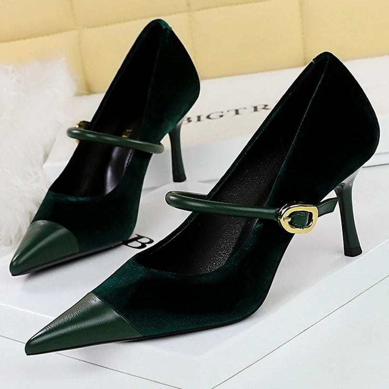 Suede Buckle Strap Pointed Toe Stiletto Pumps for Women