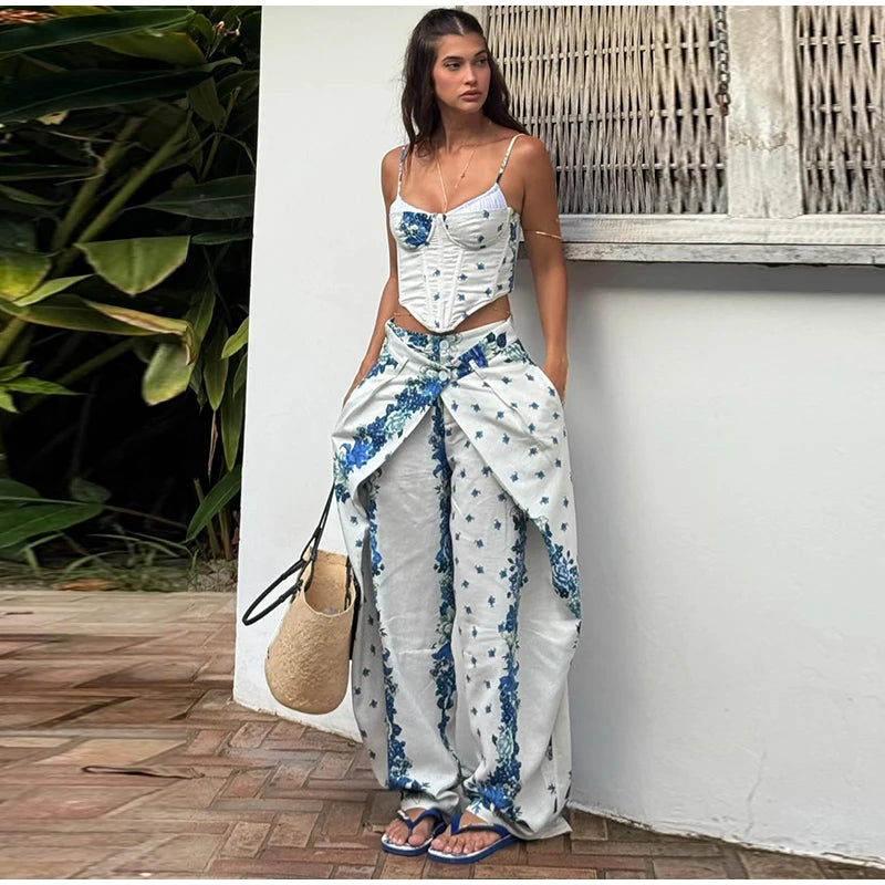 Printed Fishbone Top And Pleated Pants Two Piece Set For Women