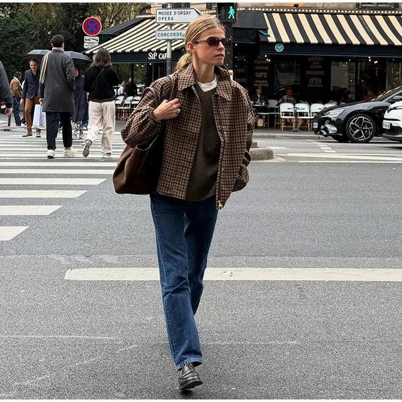 Long Sleeve Plaid Button-Up Shirt Jacket for Women