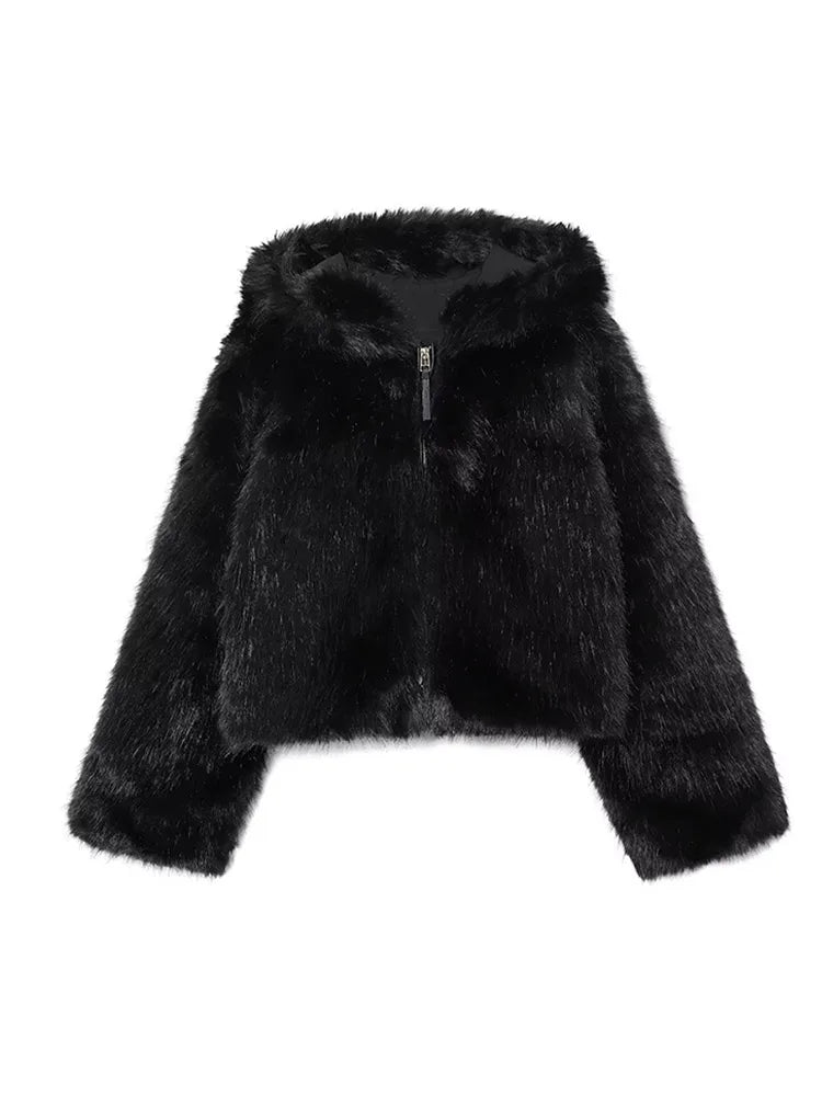 Winter Warm Hooded Faux Fur Long Sleeve Coat with Zipper for Women