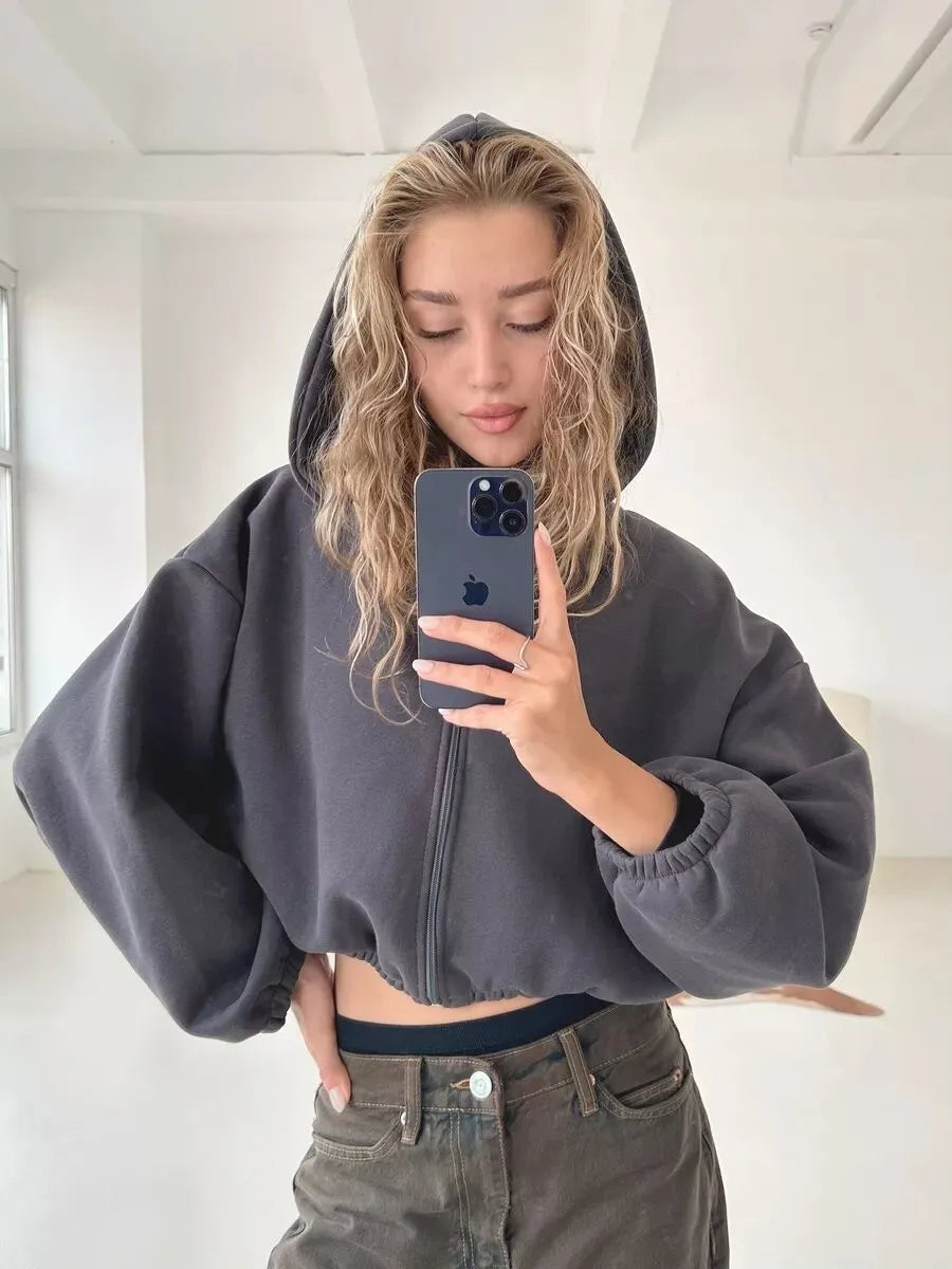 Cropped Zipper Hooded Sweatshirt Jacket With Long Sleeves for Women
