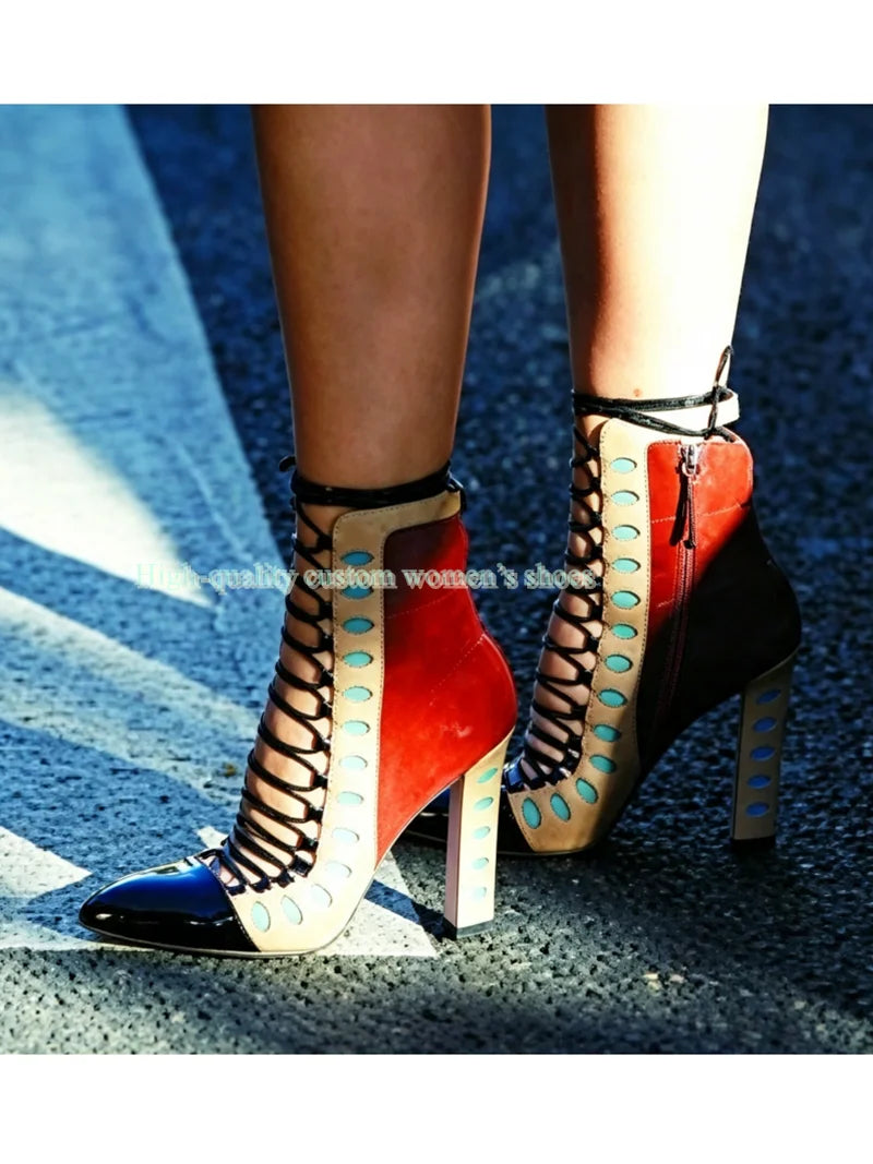 Retro Multicolor Hollow Out Chunky Heel Ankle Boots for Women