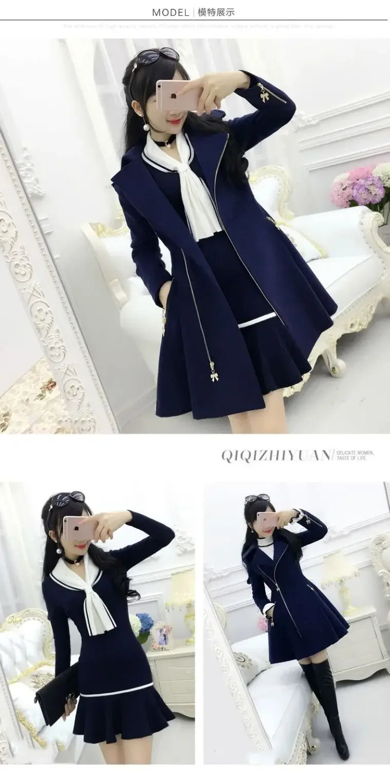 2025 Autumn Winter Clothing Deep Blue Zippered Long Sleeved Woolen Coat Jacket Women, Medium Length Slim Fit Thickened