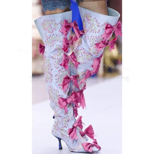 Embroidered Sky Blue Pointed Heel Boots