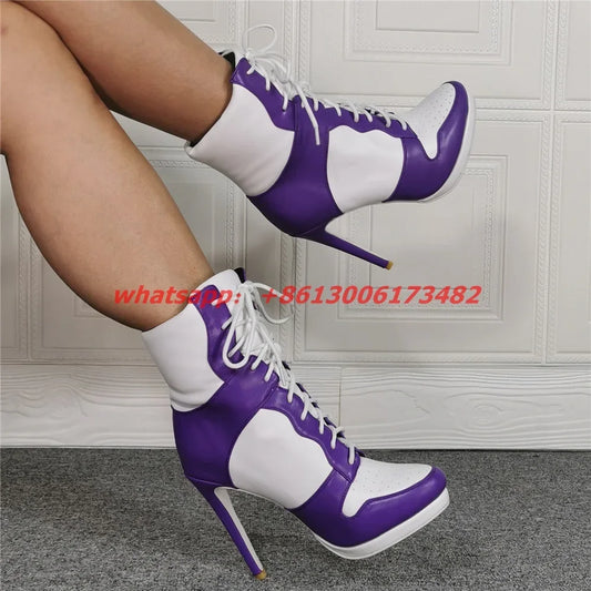 Mixed Color Lace Up Ankle Boots