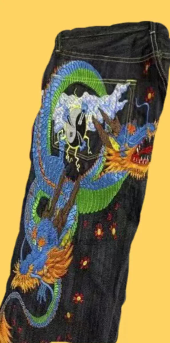 Japanese hip-hop Brocade carp printed jeans same style couple washed high waist retro casual loose ins straight wide leg pants