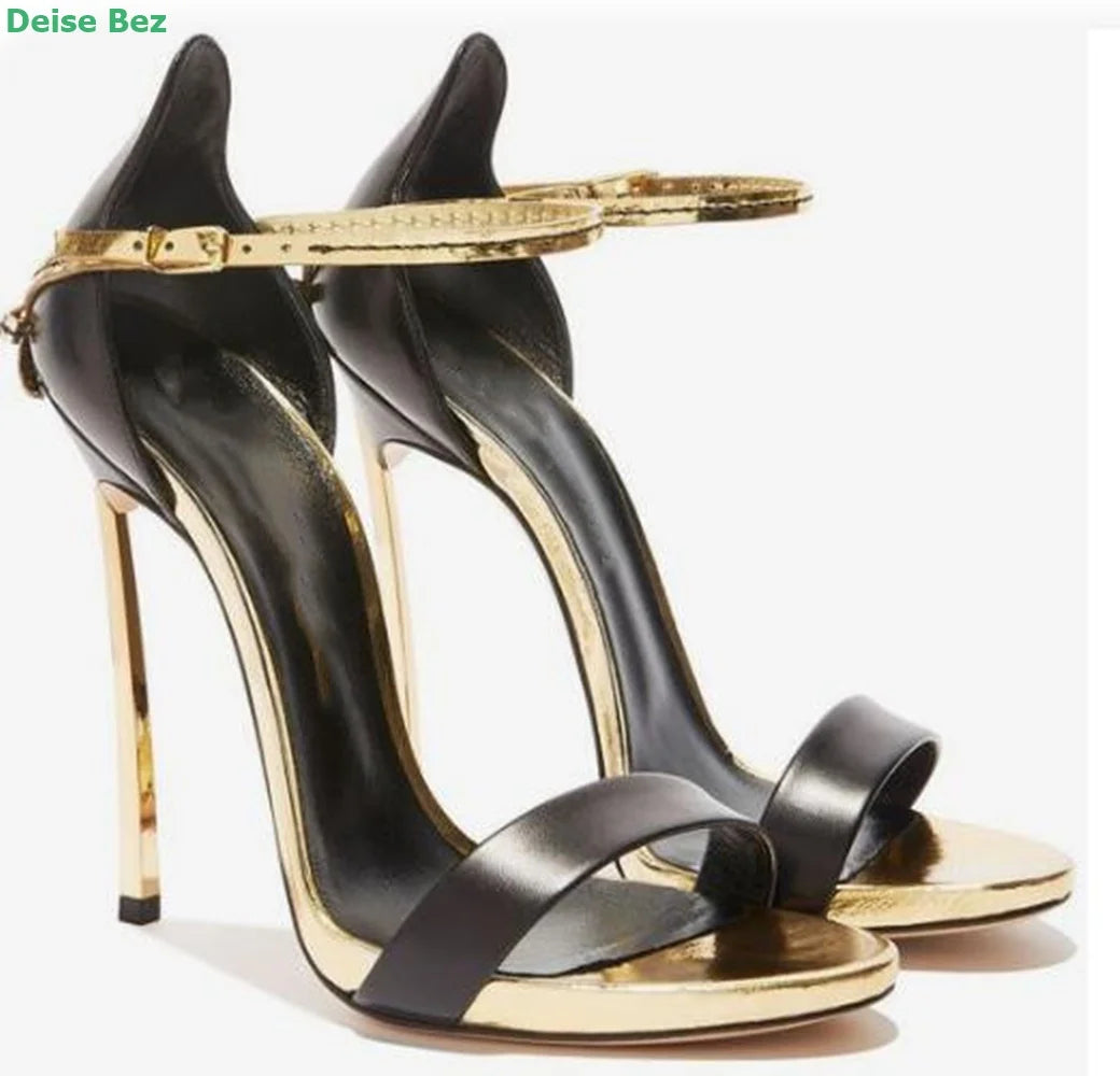 Elegant Black Metal Heel Ankle Strap Sandals For Women