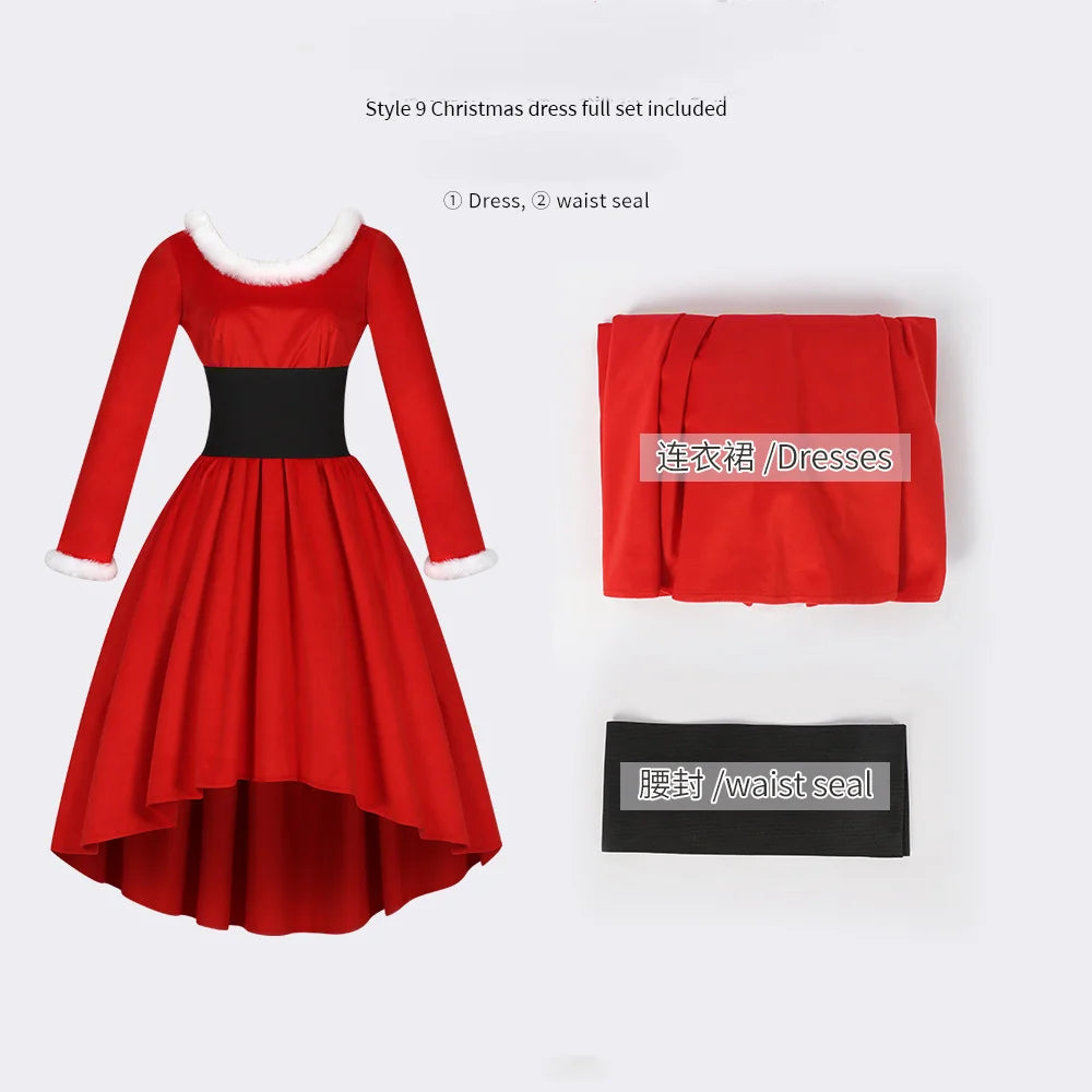 Long Sleeve Red Christmas Santa With Belt Dress for Women