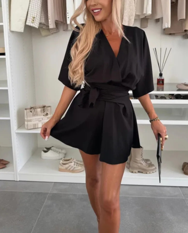Loose Puff Sleeve Casual Romper With V Neck for Women