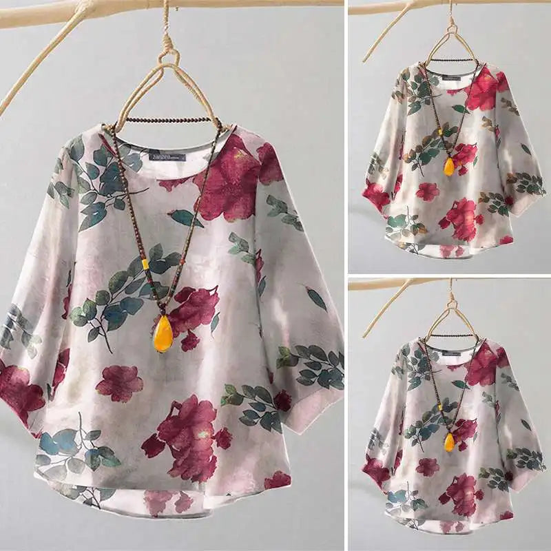 2024 Autumn 3/4 Puff Sleeve Tees ZANZEA Women Round Neck Tops Vintage Ethnic Style T Shirt Holiday Floral Printed Smock Blouse