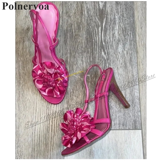Slingback Pink Narrow Strap Silk Flower Sandals Thin High Heel Women Shoes Back Strap Open Toe 2024 Fashion Zapatos Para Mujere