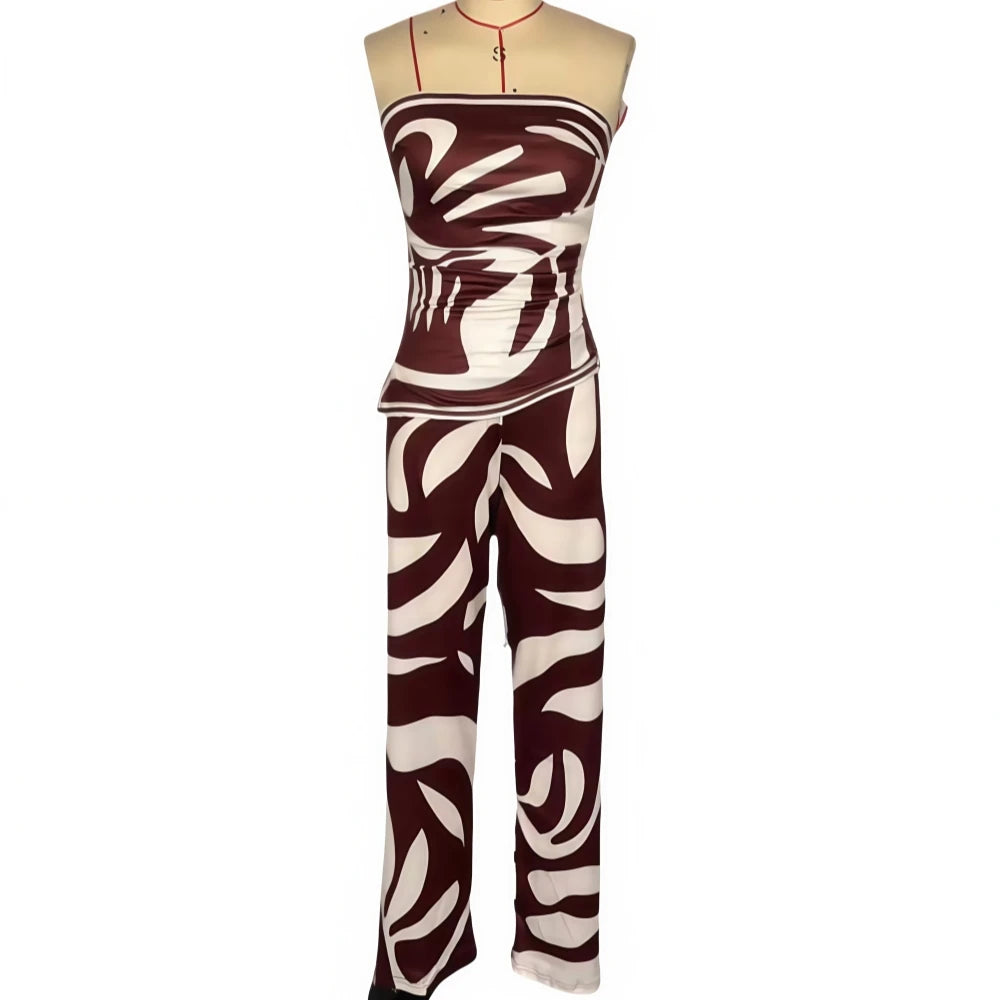 FAGADOER Fashion Stripe Print 2 Pieces Set for Woman Sleeveless Backless Top + Wide Leg Pant Outfits Matching Female Streetwear