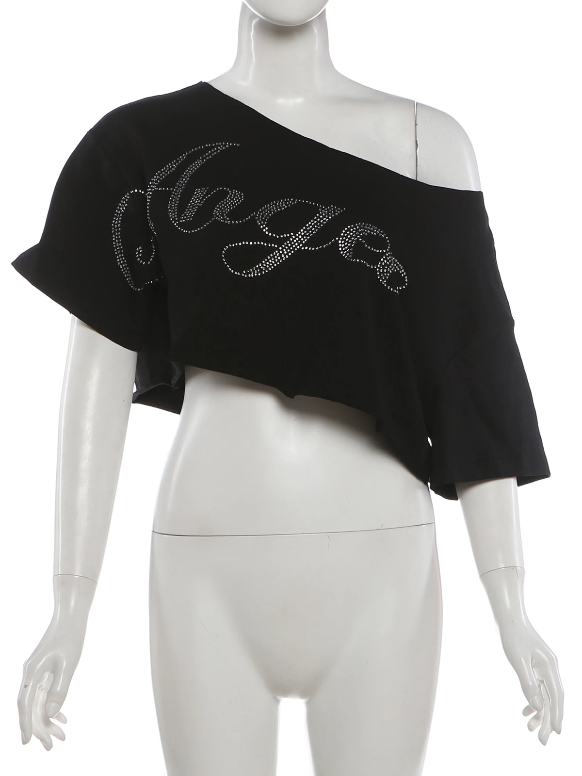 Rhinestone Letter Off Shoulder Cropped Tee for Women