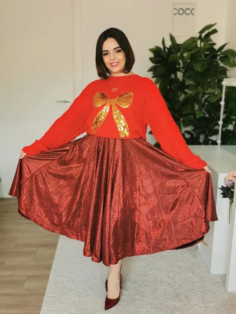 Casual Bow Print Knit Texture Long Sleeve Sweater for Women