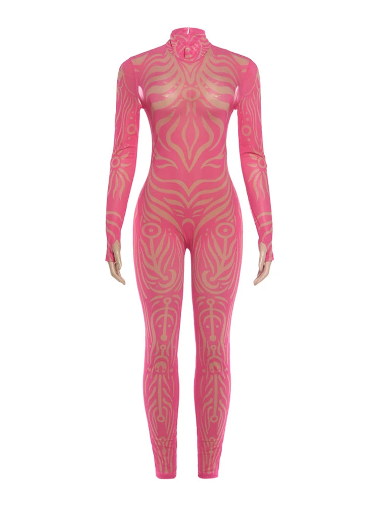 Striped Stretch Turtleneck Long Sleeve Jumpsuit for Women