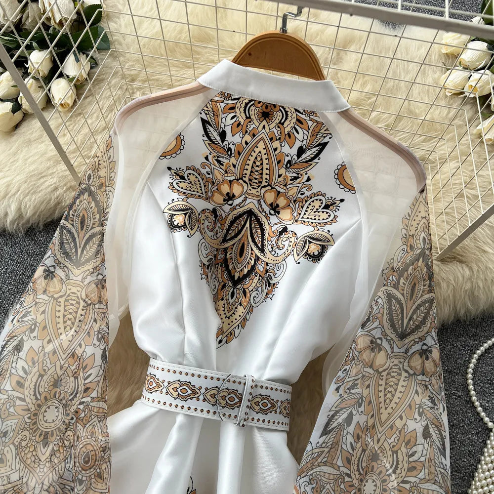 Elegant Printed Mesh Spliced A Line Maxi Dress for Women